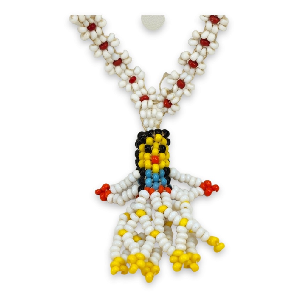 Vintage Native American Seed Bead Doll Necklace 25" White Southwestern Jewelry